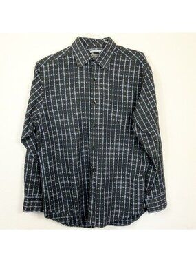 Johnston & Murphy Black Blue Plaid Button Point Collar Men's Size Large